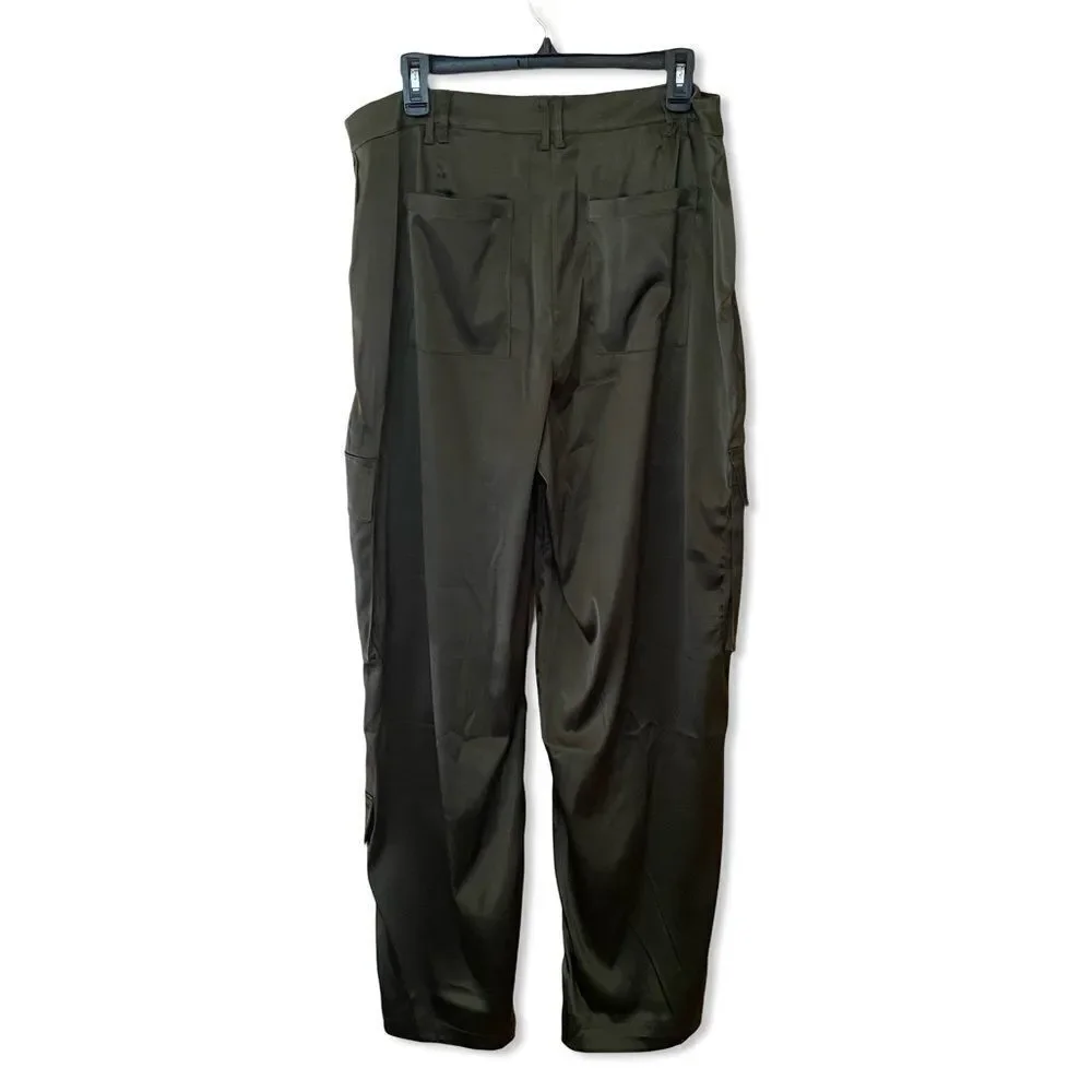 NWT REMI x REVOLVE Sydney Cargo Pant Dark Green satin finish wide leg loose L - Picture 5 of 10